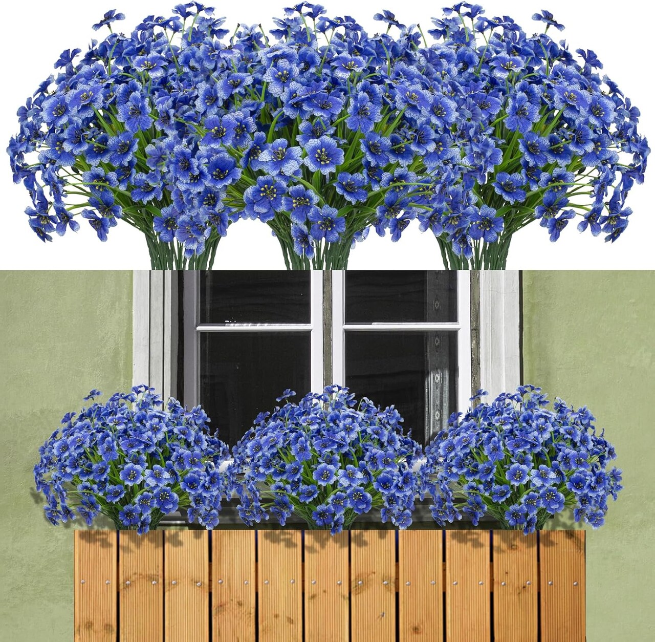 15-Bundle Artificial Outdoor Flowers – UV-Resistant Faux Silk Plants and Plastic Shrubs for Porch, Window Boxes, Garden, and Hanging Planters (Blue)